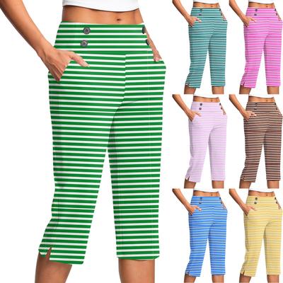 Women's Fashion Striped Button Pocket Trousers Slit High Waist Sports Yoga Casual Cropped Pants