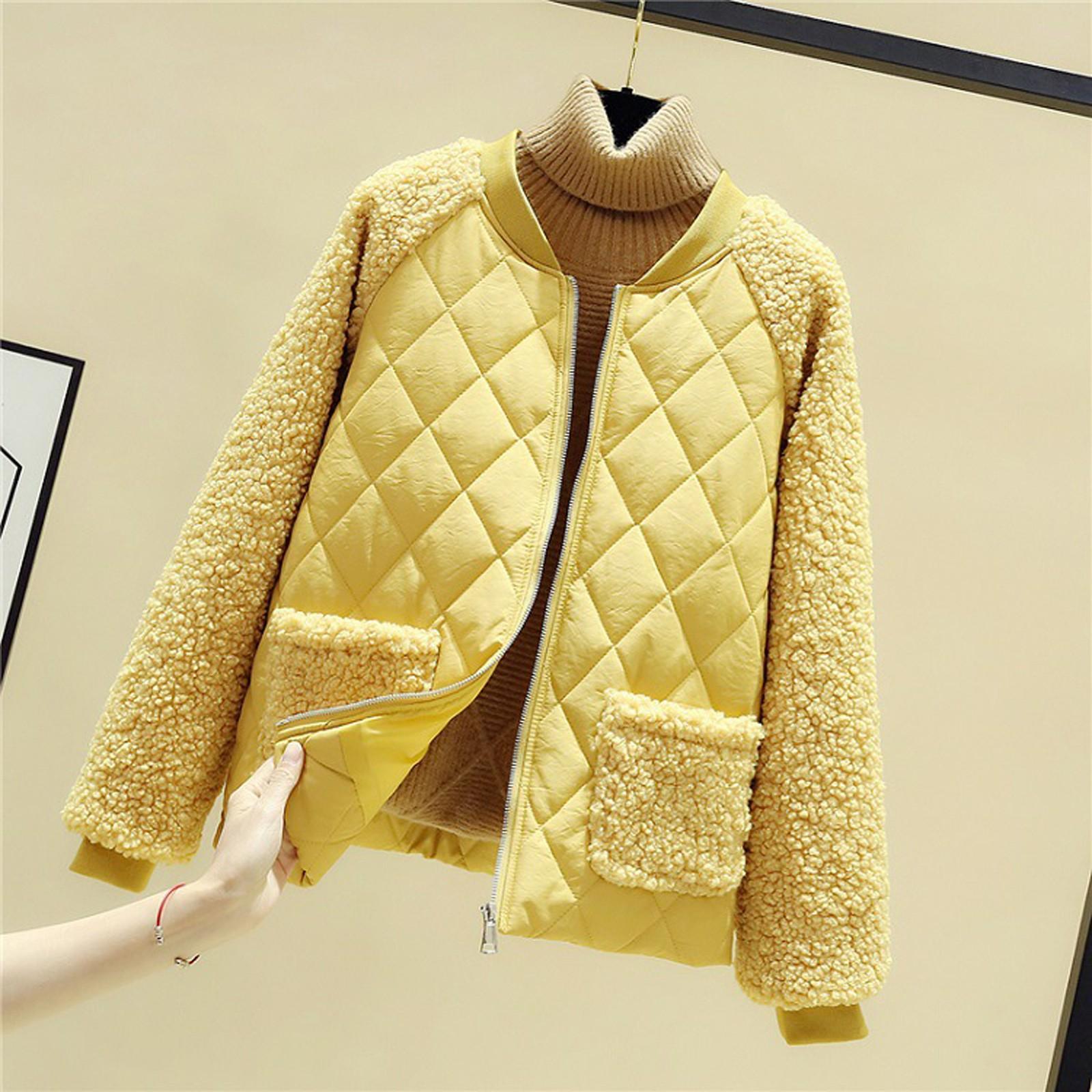 

Women s Solid Color Long Sleeved Plaid Thickened BBaseball Jacket Cotton Jacket XL жёлтый