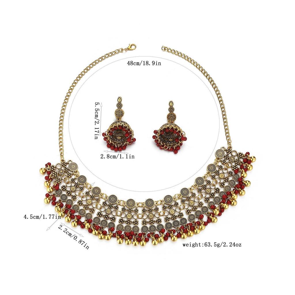 Bohemian Exotic Rhinestone Tassel Necklace & Earrings Set In Antiqued Alloy