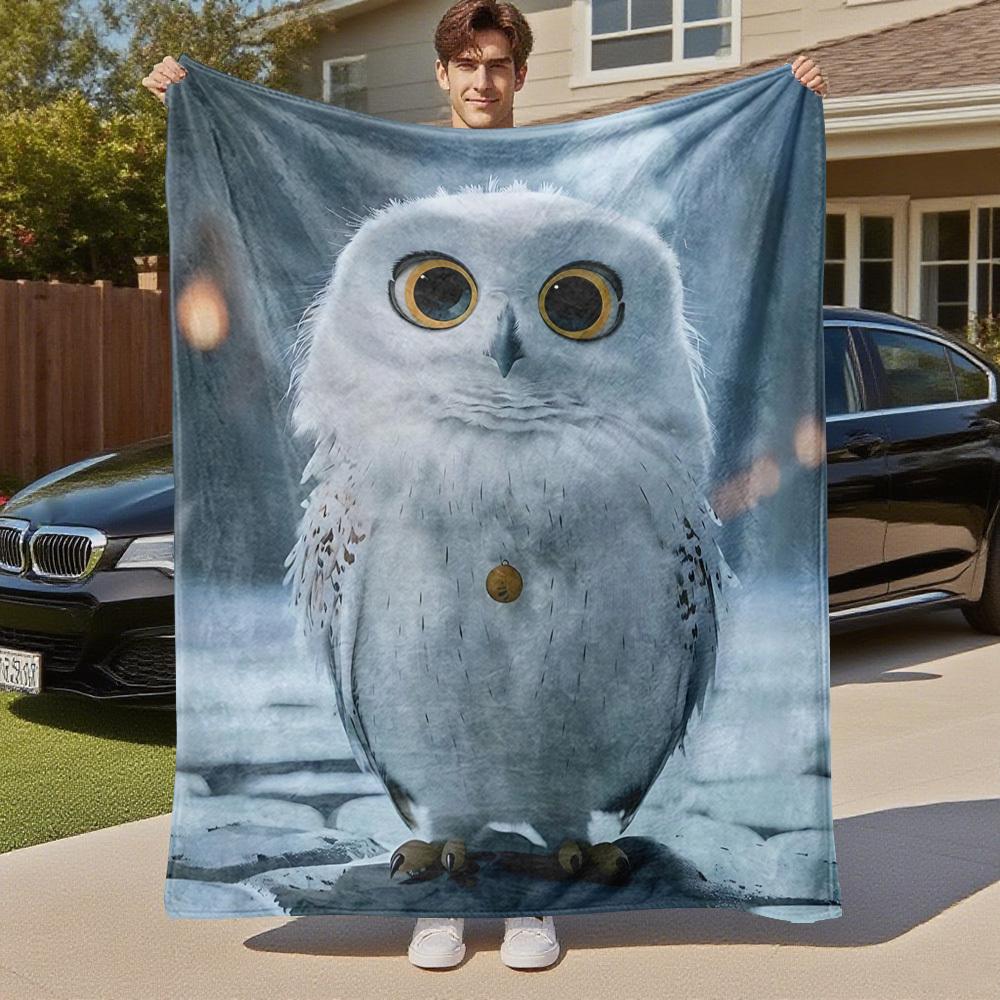 1pc Snowy Owl,winter Forest,large Eyes Outdoor Flannel Throw Blanket All Season Soft Warmth,Home Decor 1031106