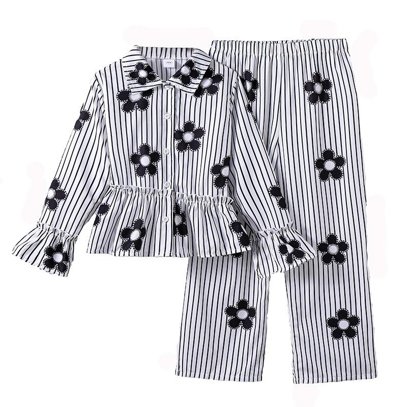 Girls' Fashionable Shirt Set for Fall Children's Striped and Floral Long-Pants Two-Piece Set