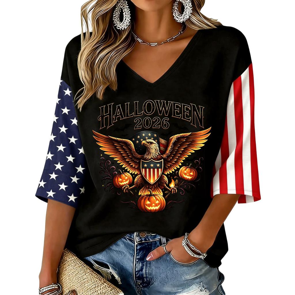 Women's V-Neck Halloween Print Three-Quarter Sleeve Casual Blouse