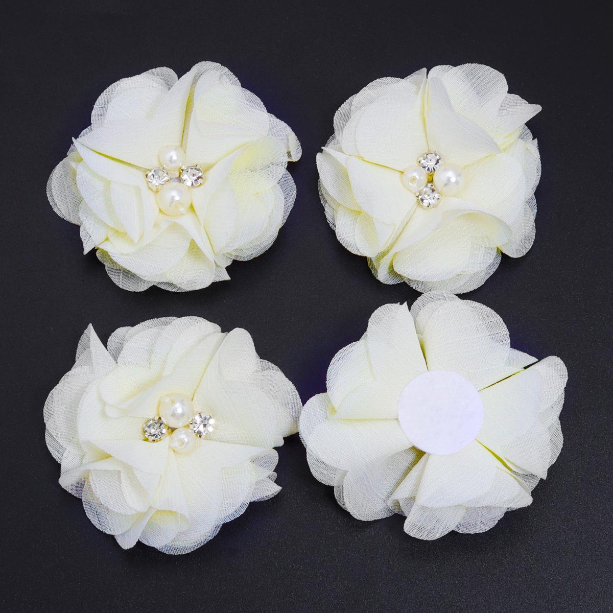 

4pcs/lot 6cm Imitation Pearl Rhinestone Chiffon Fabric Flowers Handmade Artificial Flowers For Clothing Hairclip Decoration бежевый