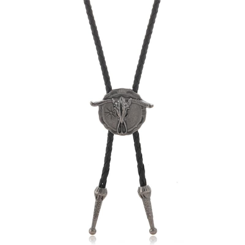 Vintage Western Cowboy Alloy Bullhead Bolo Tie Necklace Adjustable PU Cord Necklace For Men And Women