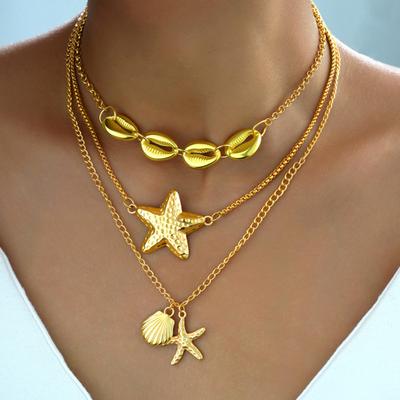 Muschel Seestern Anhänger Halskette Küstenstil Mehrlagige Halskette Drei Ketten Halskette für Damen Sommer Strandurlaub Feiertag Schmuck