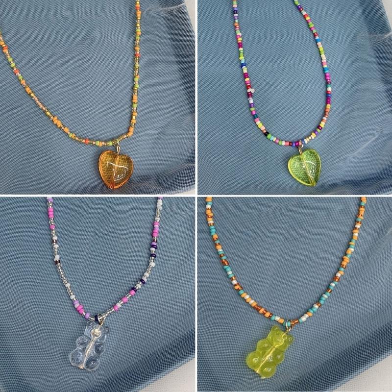 Korean Multicolored Bear Pendant Necklace Bohemia Love-heart Ornament Collar Chain Rice Beaded Choker Chain for Girls