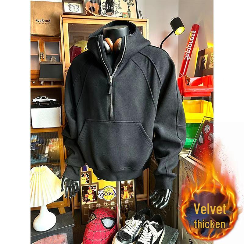 Herren Trendy Herbst Schwere Kapuzenjacke mit Stehkragen und halbem Reißverschluss mit Samtfutter