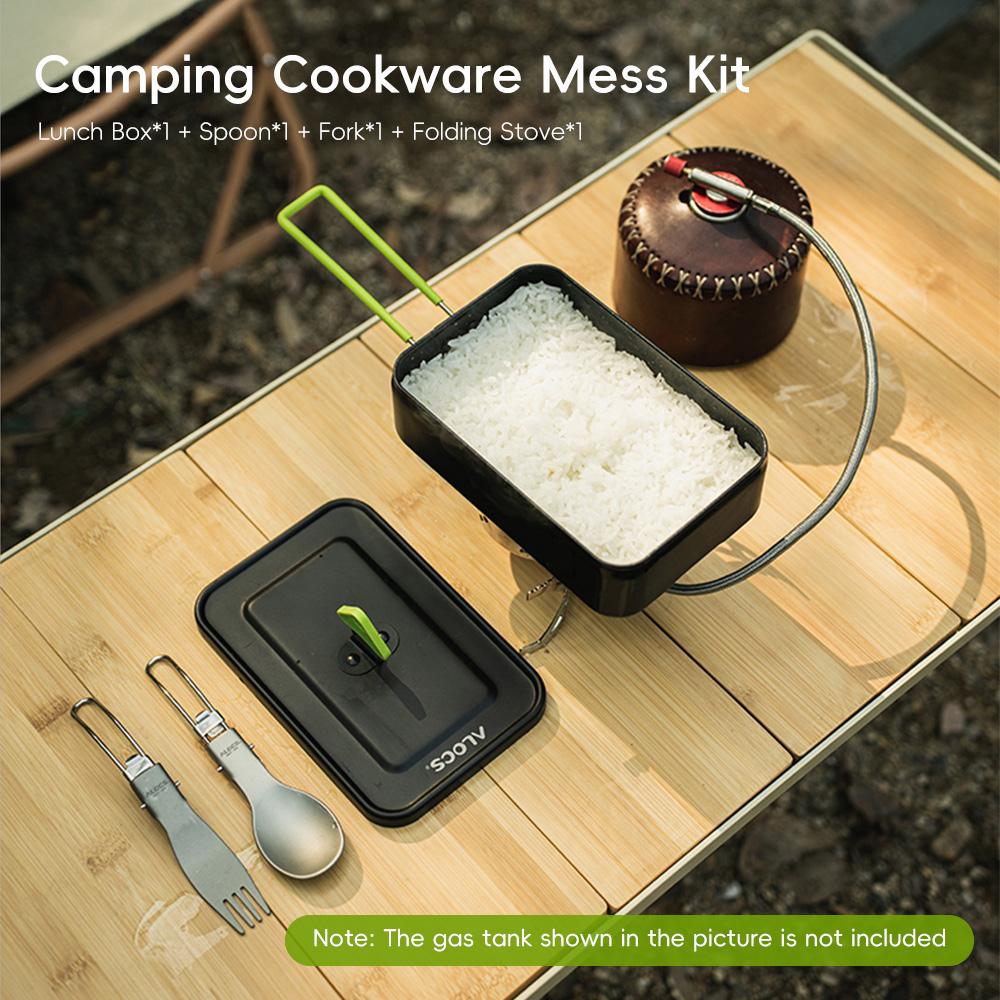 Camping Cookware Mess Kit Aluminum Alloy Lunch Box with Foldable Alcohol Stove Spoon Fork