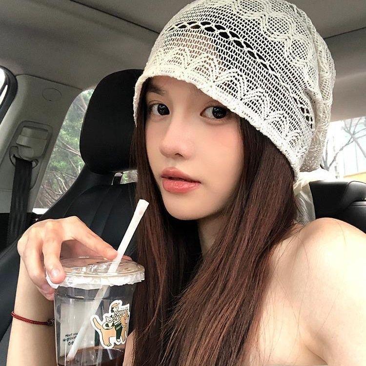 Women's Japanese Style Slouchy Hat Spring and Summer Hollow Large Head Circumference Head-Slimming Thin Beanie Breathable Head-Wrapping Hat