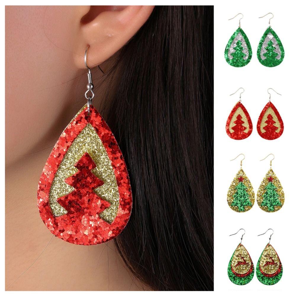 Glitter Christmas Earrings Leather Elk Drop Earrings Fashion Christmas Tree Ear Studs  Xmas