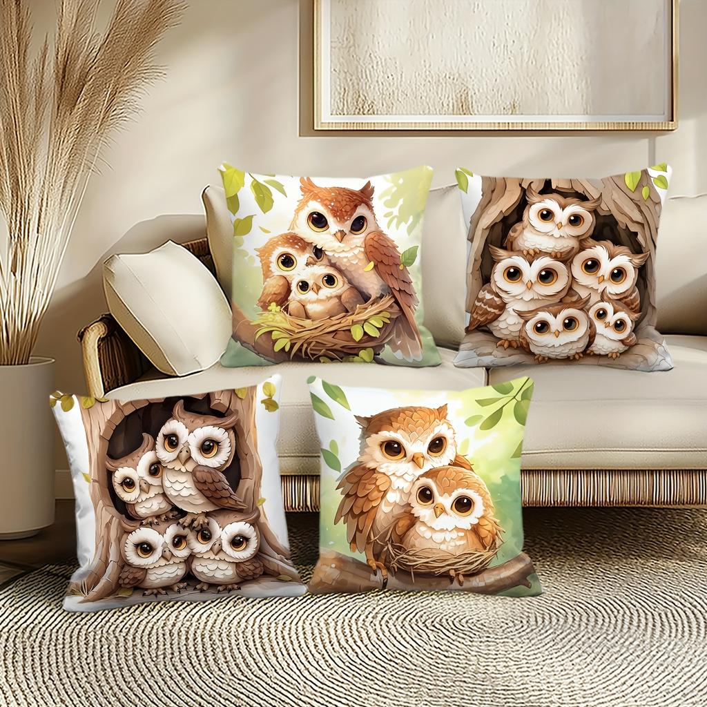 4Pcs Cartoon Owl Family Digital Printing Pillow Cover Short Plush Suitable Living Rooms Bedrooms Sofas Throw Cushion Cover