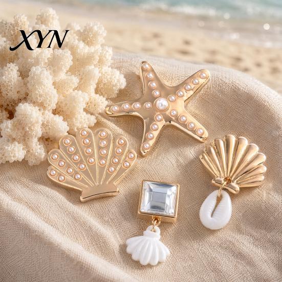 Seestern Schuhanhänger 6 Stück/Set Sommer Strand Anhänger, Goldfarbene Muschel Clog Zubehör Meeres-Thema Dekorationen für Clogs Damen Mädchen Löcher Anhänger