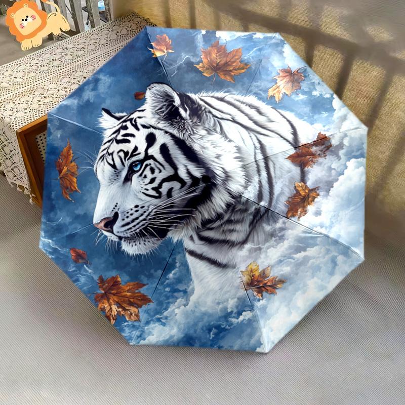 1 PC Automatic Folding Umbrella - White Tiger with Falling Leaves Pattern, Portable & Foldable Design with 8 Ribs, Christmas Birthday Gifts