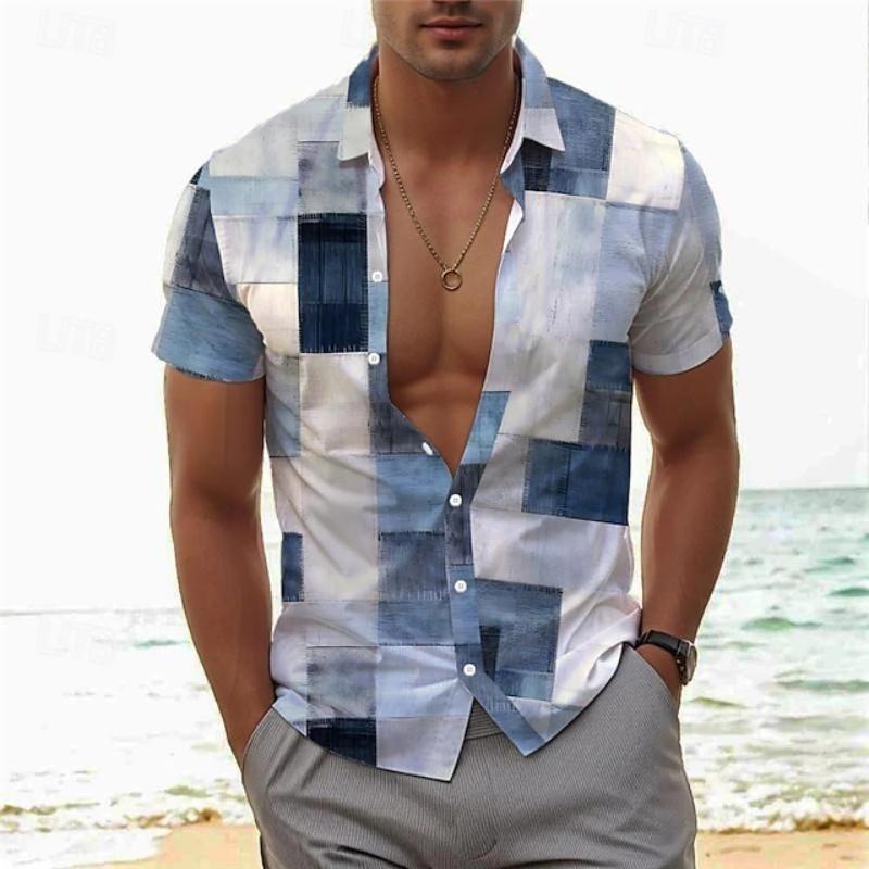 Men's Summer Shirt Vintage Patchwork Printed Button Lapel Short Sleeve Shirt Tropical Vacation T Shirt Fashion Soft Men Clothing