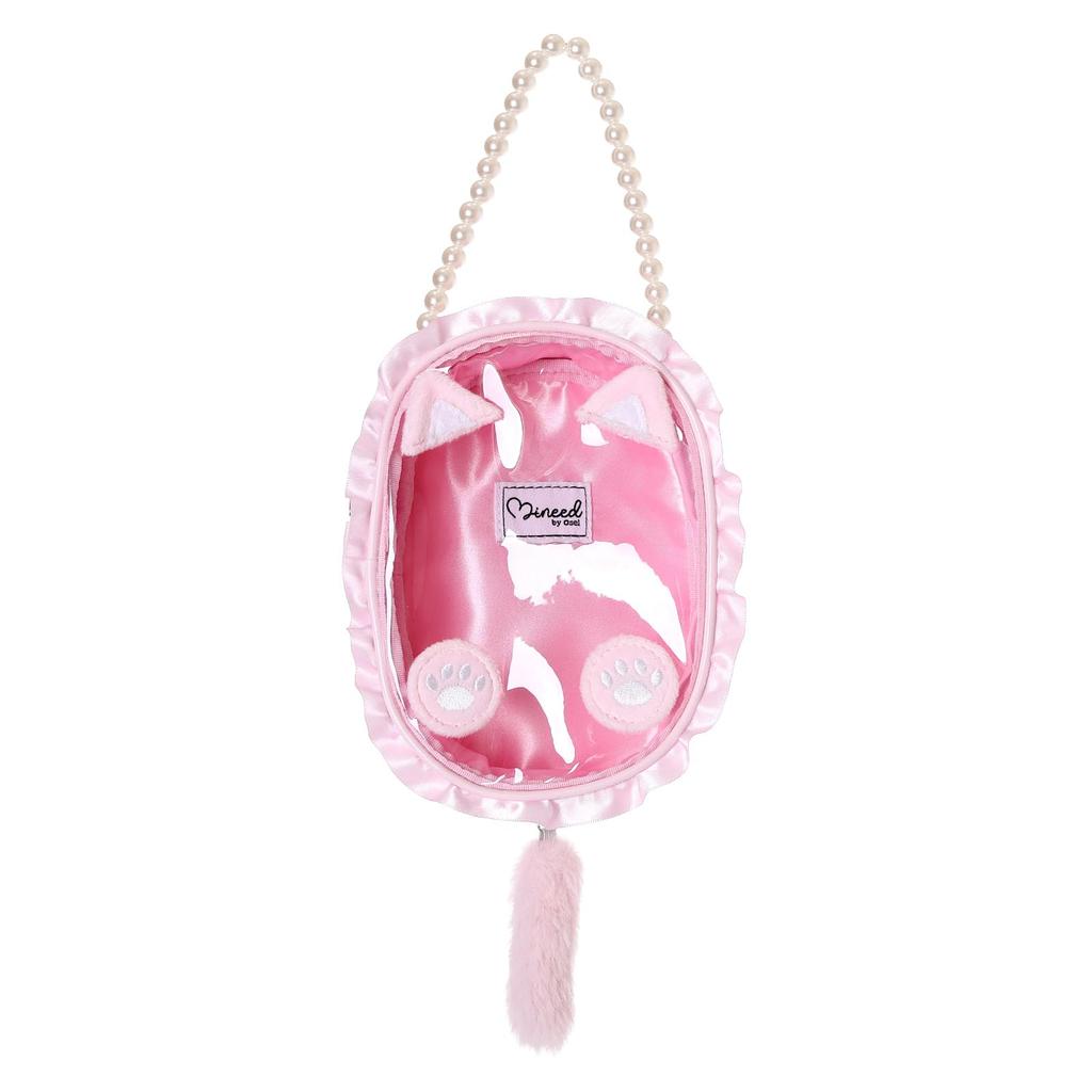 Z25722 Mineed by Osel Cat ears stuffed animal pouch, pearl strap, 5 colors available, large size 17.5 x 12.5 x 6cm (pink)