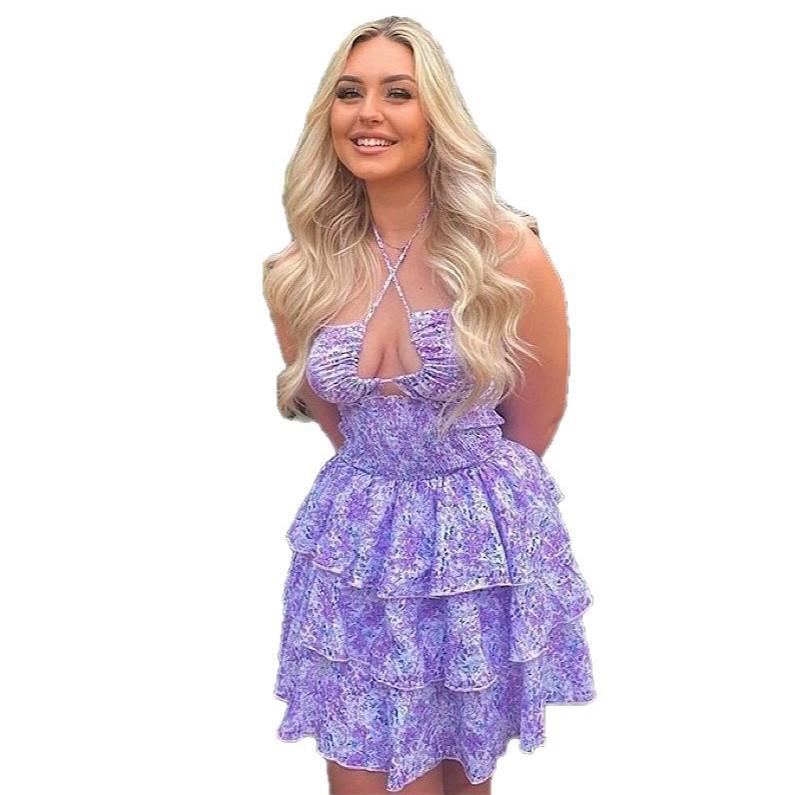 Summer 2025 Women's Strapless Floral Tie-Up Spaghetti Strap Mini Dress