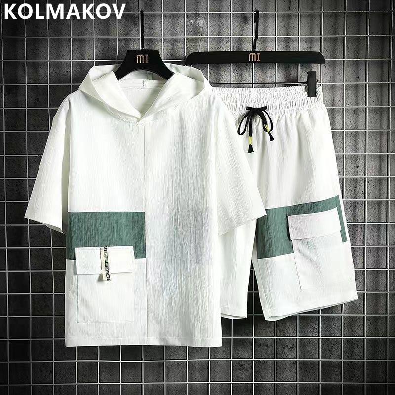 

Летний мужской классический модный спортивный костюм из ледяного шелка, мужской повседневный свободный комплект большого размера, удобный высококачественный комплект из двух предметов