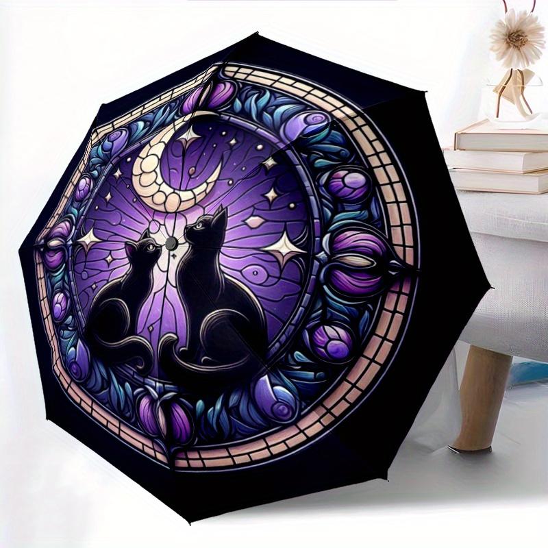 1pc a Portable Umbrella Featuring a Stained Glass Design of a Cat And Moon: A Folding Umbrella for All Seasons,Built with a Sturdy Iron Fram