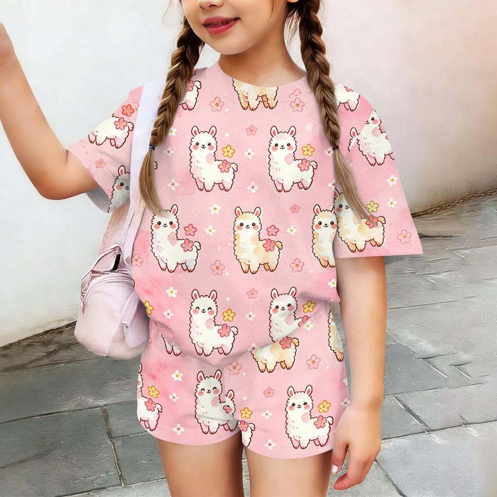 Kids Casual Short Sleeve Top and Shorts Set Animal Print Two Piece Outfit Comfortable Lightweight Soft Fabric Summer Wear