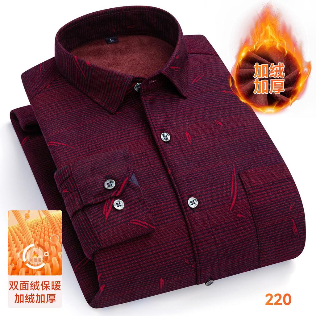 Thickened Long Sleeve Men's Shirt Winter Warm Elastic Fleece Lined One Piece Velvet Plaid Dad Clothes Middle Age Shirt