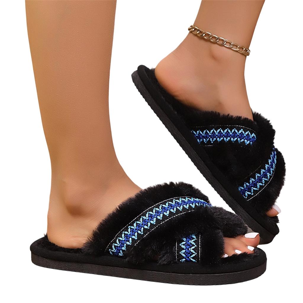 Women's Plush Cross Strap Slippers - Fashionable Cotton House Shoes for Casual Indoor Wear
