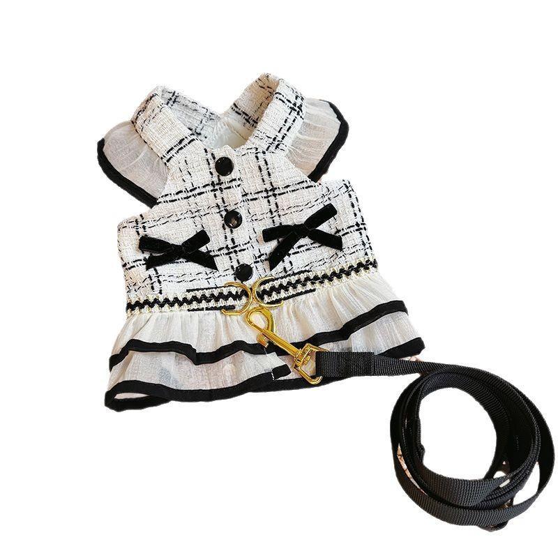Elegant Tweed Style Dog Dress Harness Set Summer Pet Clothes with Leash for Small Dogs Cats Puppy 1-3 Set