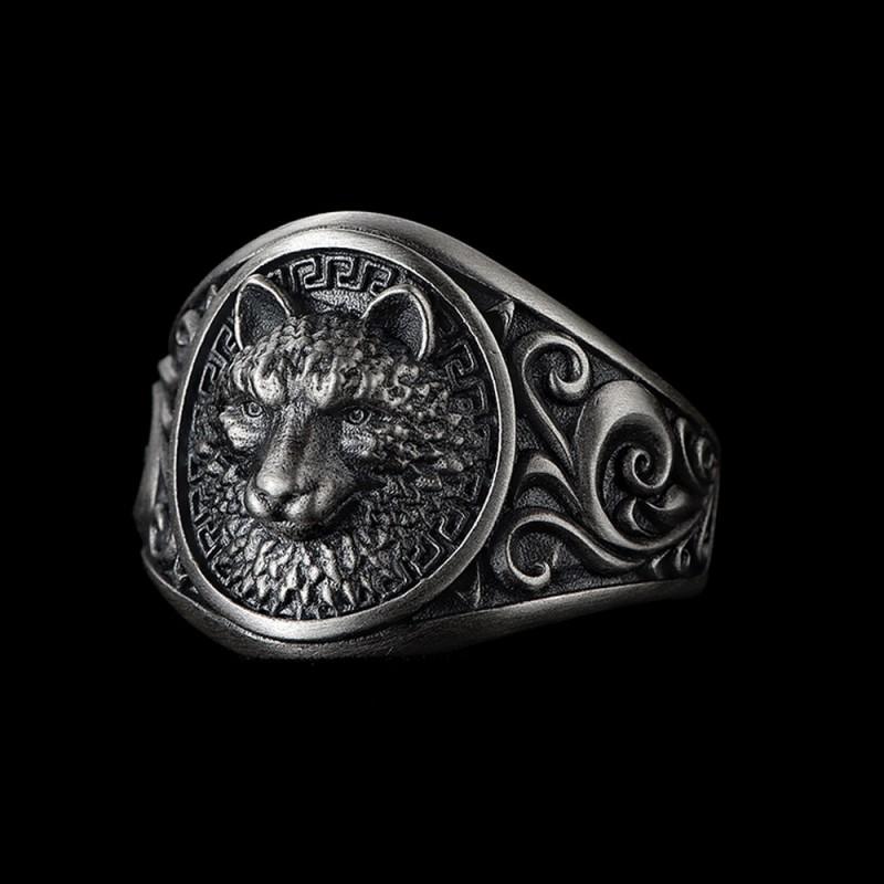 Adjustable Wolf Head Ring Men Women Sterling Open Band Retro Punk Statement Jewelry