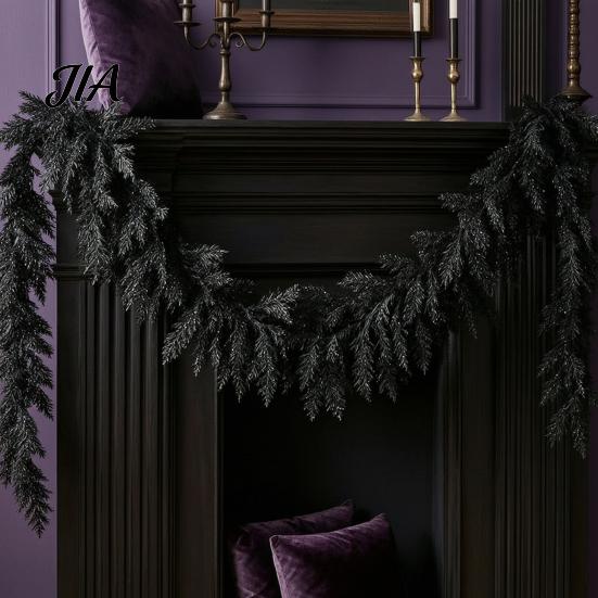 Waterproof Outdoor Halloween Props Black Garland, Spooky Artificial Cedar Vine for Mantel Fireplace, Realistic Dark Aesthetic Fireplace Mantle
