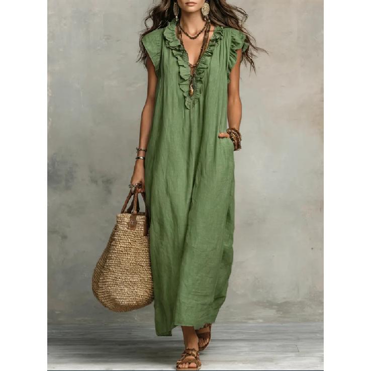 2026 Spring/Summer New Bohemian Style Long Dress for Women with Flutter Sleeves, Casual Solid Color Long Dress