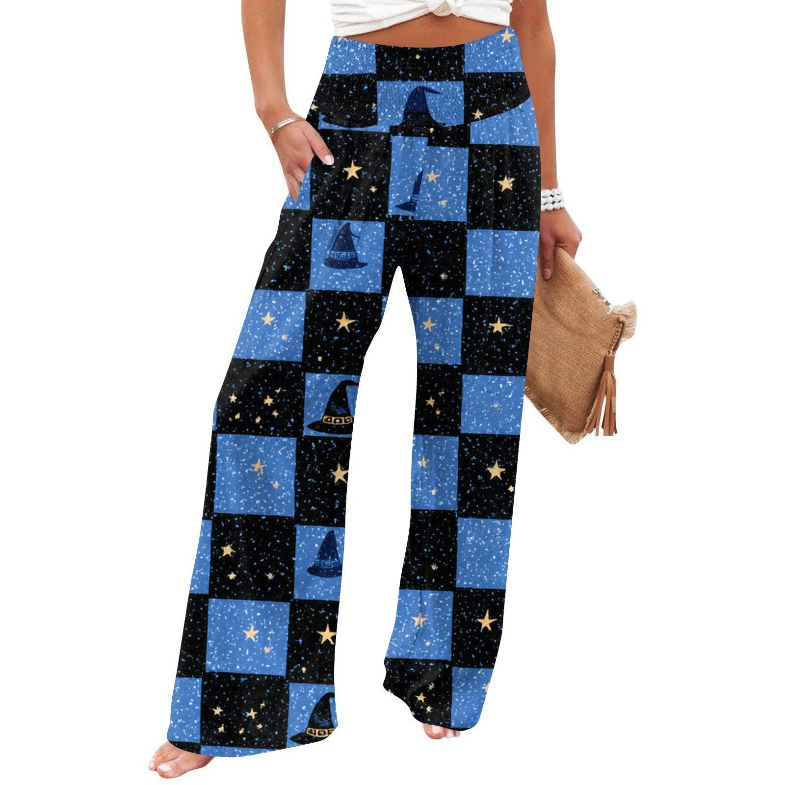 

Women s Casual Time Straight Leg Pants Print High Waist Pants With Pockets L синій