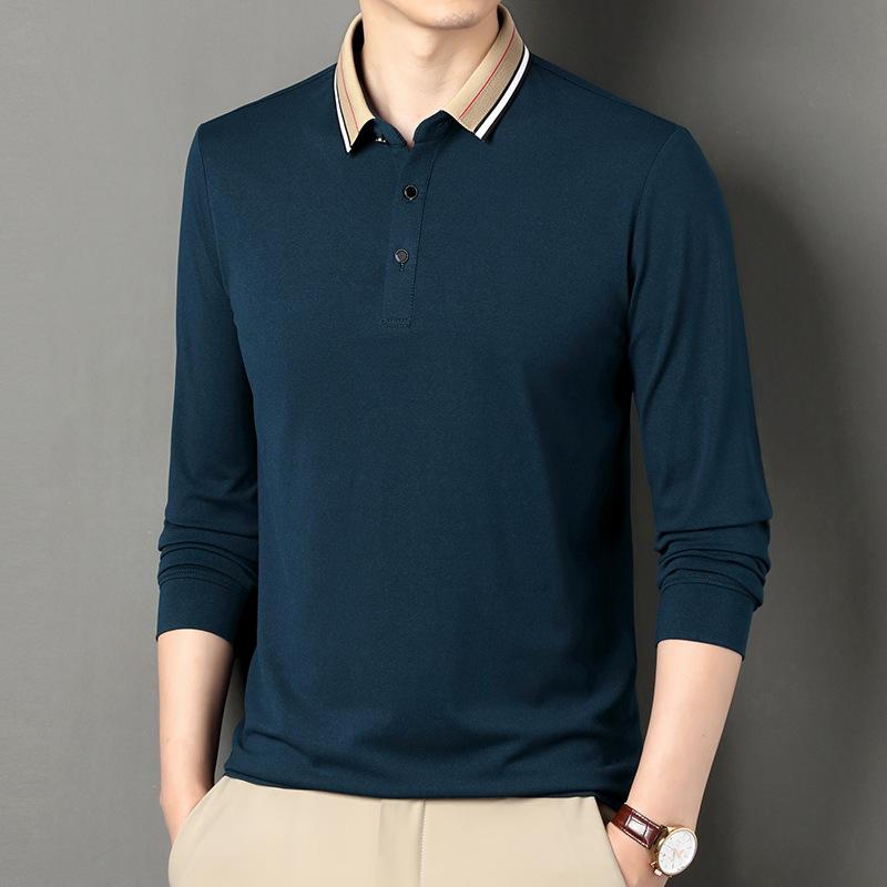 Jarní a podzimní nové pánské tričko s dlouhým rukávem jednobarevné spodní tričko pro mladé a středního věku tenké pánské oblečení klopa volné pólo tričko móda