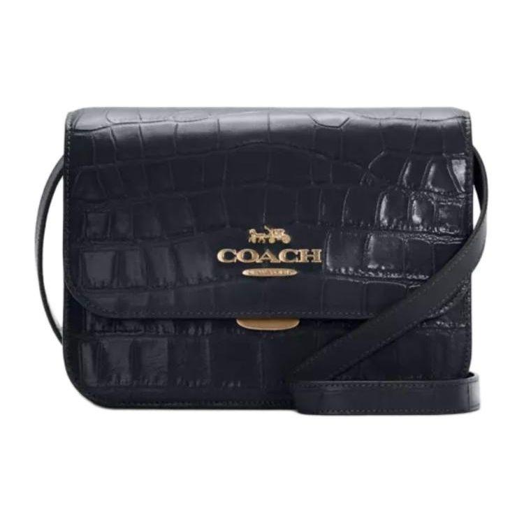 Coach Black Crocodile-Embossed Leather Medium Flap Crossbody Bag for Daily Use Basic Set (Bag+Dust Bag)