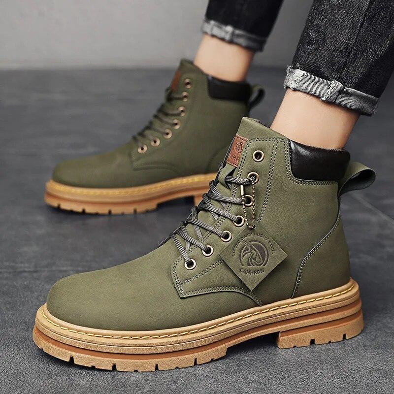 New Men's High Top Work Boots Fashion Motorcycle Boots Men Ankle Boots Tooling Hiking Shoes Winter Military Lace-Up Boots