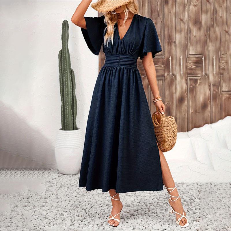 

European & American Women s Ruffle Sleeve Slit Dress - Solid Color, Elastic Waist, Long Skirt, Youthful Summer Style L