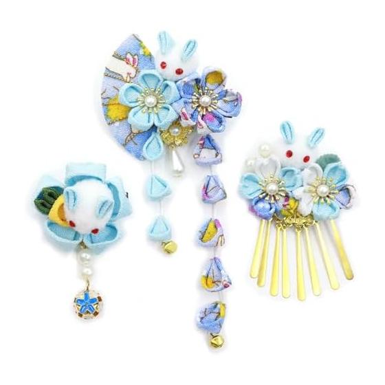 JZOON 3-Piece Hair Accessory Set for Kimono, Hakama, Yukata - Tsumami Zaiku Flower Kanzashi with Bell, Handmade for Coming-of-Age Ceremony,