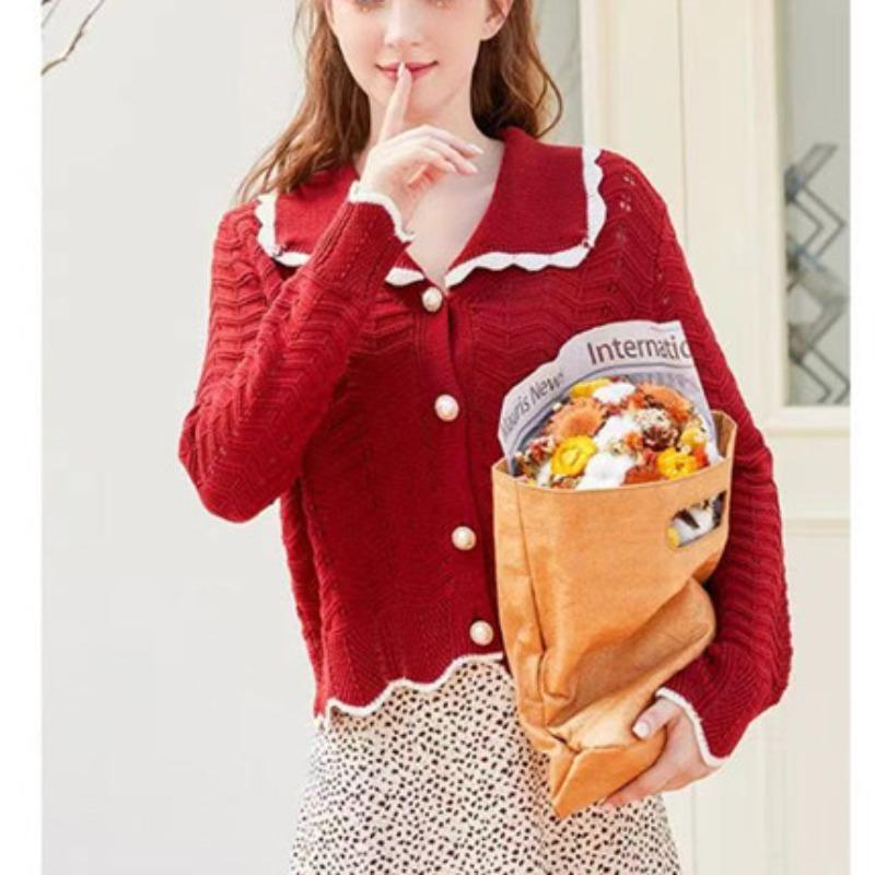 Doll collar knitted cardigan women's spring clothing new hollow thin sweater jacket thin top