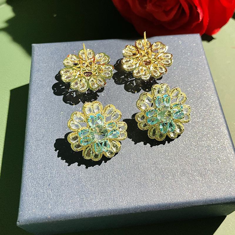 Fashion 925 Silver Needle Earrings for Women Temperament Gradient Cubic Zirconia Colorful Daisy Flowers Sweet Earring Jewelry