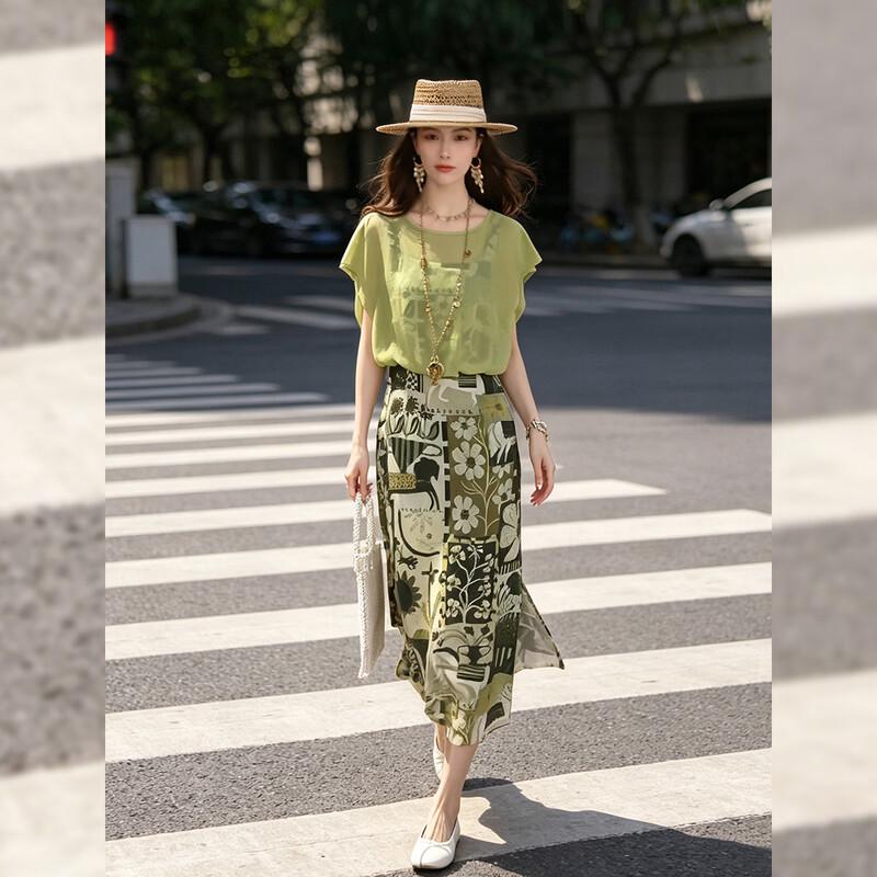 French Floral Print Faux Two-Piece Tie-Waist Dress L
