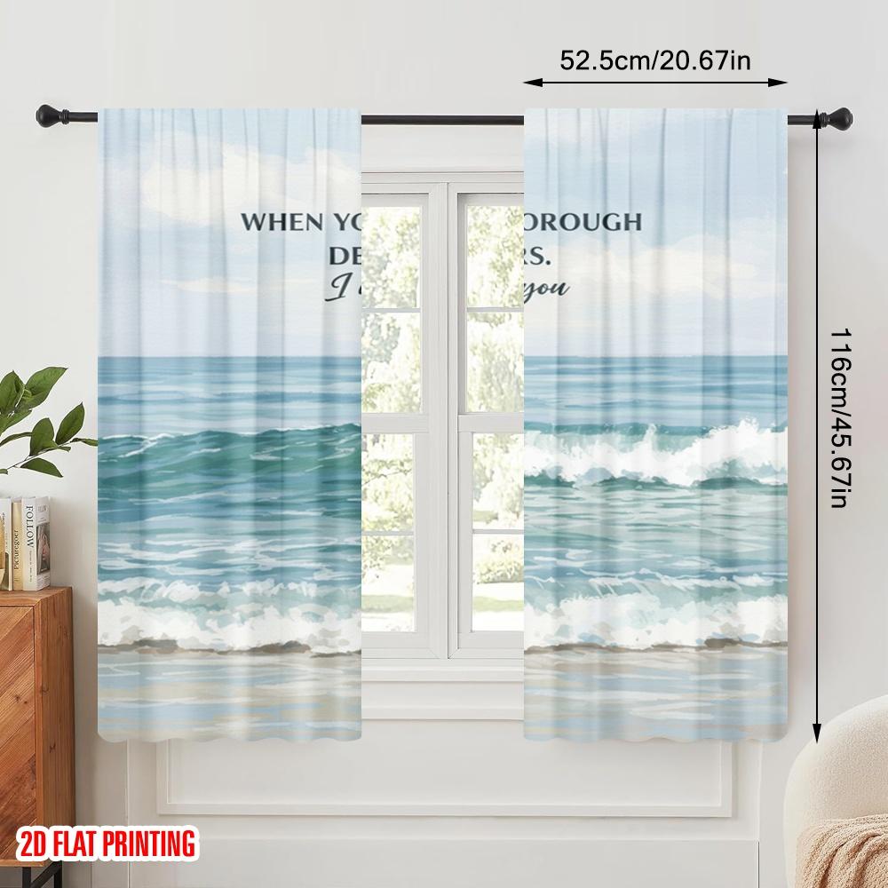 2pcs 2D flat printing Curtain Ocean Waves Bible Verse 100% Polyester Fabric Without Electricity All Season Party & Holiday Decor