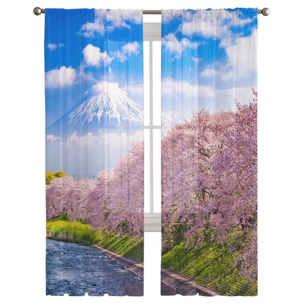 Moderne Tüllvorhänge mit Berg Fuji Sakura-Landschaft für Wohnzimmer, Schlafzimmer, Zuhause, Küche, Fenster, transparente Vorhänge