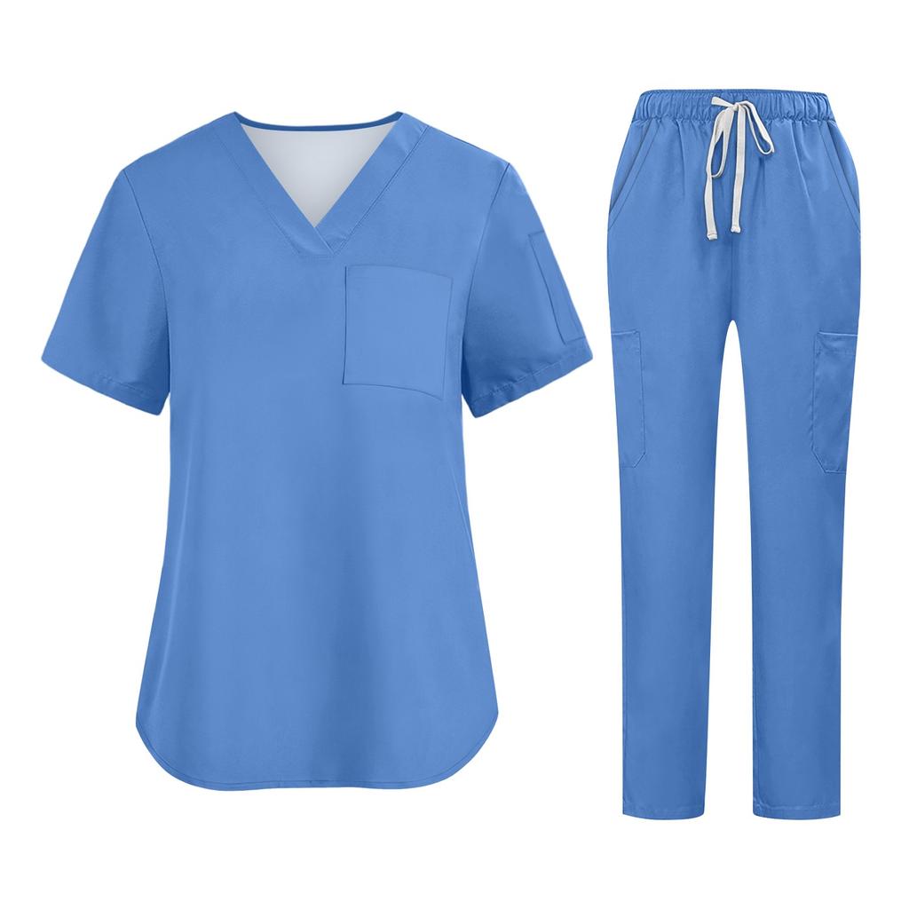 Soild Scrub Working Uniform Suit For Women's Cross V-Neck Short Sleeve Fun T-Shirts Workwear Tee With Pockets