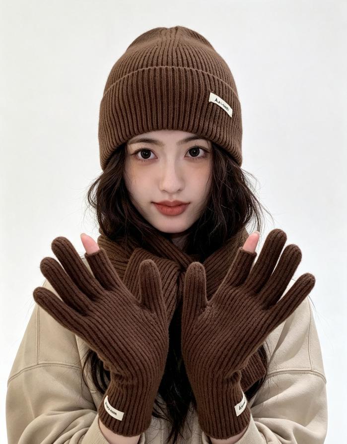 3Pcs Set Winter Hat Scarf Touchscreen Gloves Unisex Knitted Warm Beanie Neck Warmer Gloves Set For Autumn Winter Outdoor Daily Wear