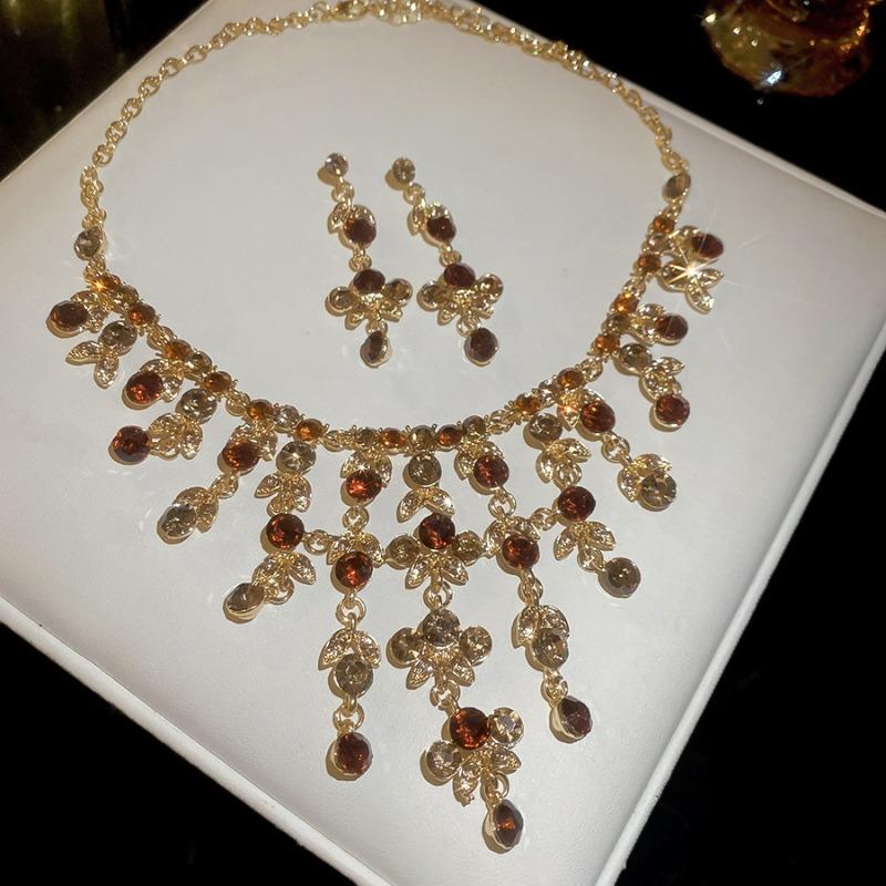 Meier Diamond-studded floral tassel earrings and necklace set - vintage elegant court style jewelry