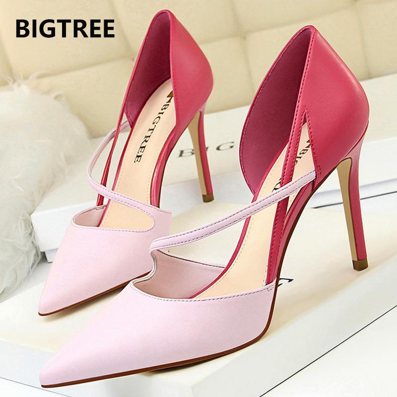 

Обувь BIGTREE, новые летние женские босоножки на высоком каблуке 9,5 см, сандалии для ночного клуба, сексуальные лоскутные сандалии на каблуке, вечерние желто-розовые туфли с ремешком на щиколотке