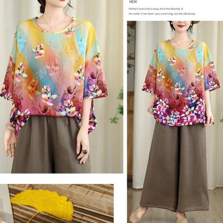 Women's Cotton Linen Printed T-Shirt Summer Thin Short Sleeve Loose Round Neck T-Shirt Top