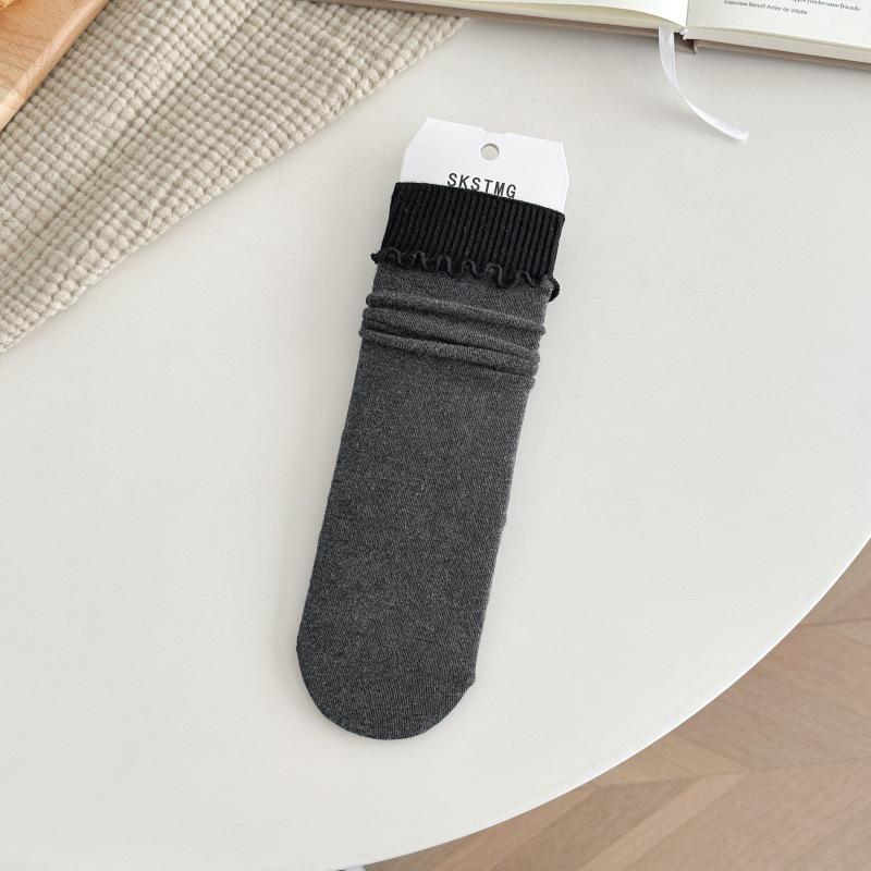 Color-Block Ruffle Crew Socks for Women, Spring/Autumn Absorbent Cotton, Japanese Trendy Loose Fit
