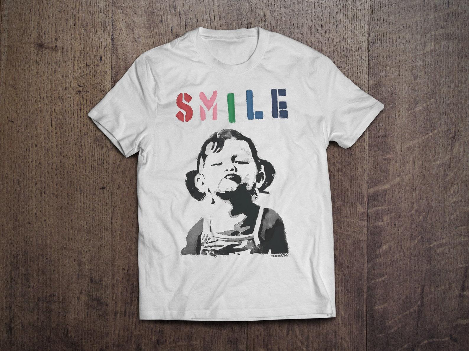 Banksy Smile Girl Graffiti Street Art / Heavyweight cotton unisex T shirt with print tee top 4XL