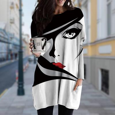 Robe à col ras du cou à imprimé de reconnaissance faciale pour femmes, robe grande taille pour printemps et automne, robe à poches