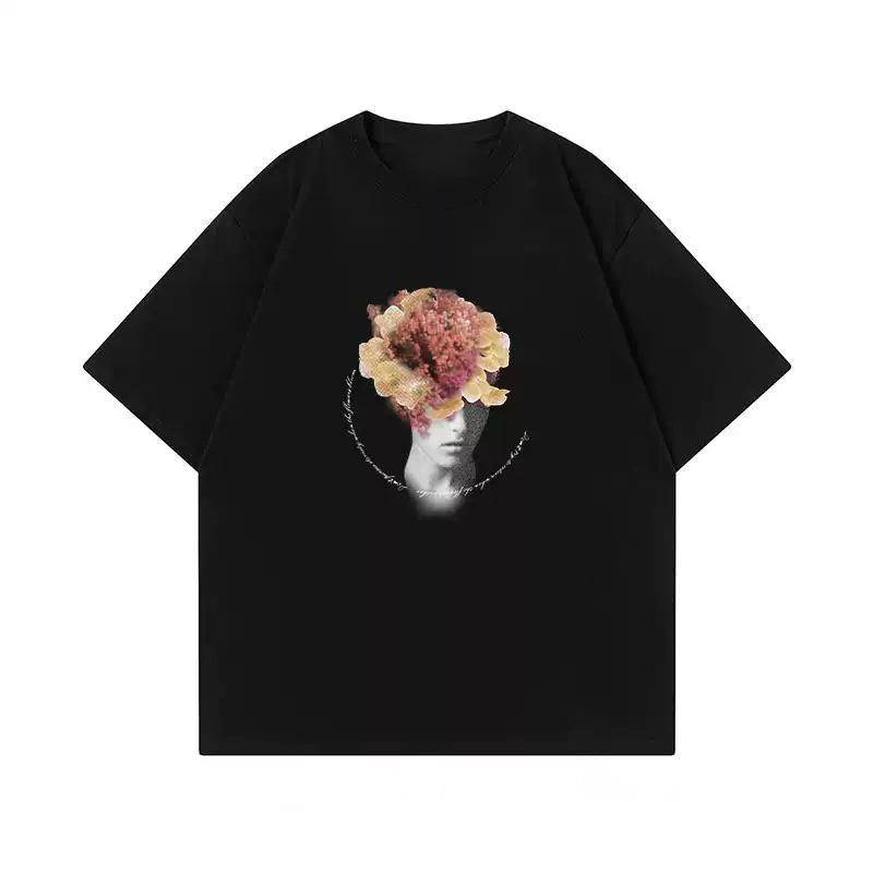 Men Retro Flower Head Figure Graphic T Shirt Vintage Surreal Art Print Oversized Black Tee Goth