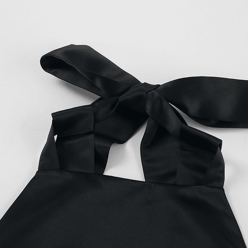 Vintage Stain Sexy Backless Halter Black Short Dress Women's Backless Pocket Short Dresses Female Birthday Party Evening Summer Dress